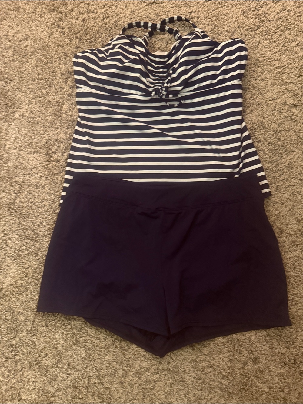 Striped Navy & White Women’s Two-Piece Swimsuit with Navy Swim Shorts